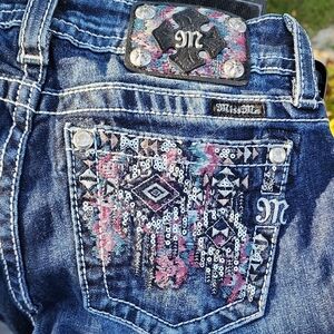 Miss Me Women's Blue Jeans with Pink and Silver Embroidery INSEAM 34"